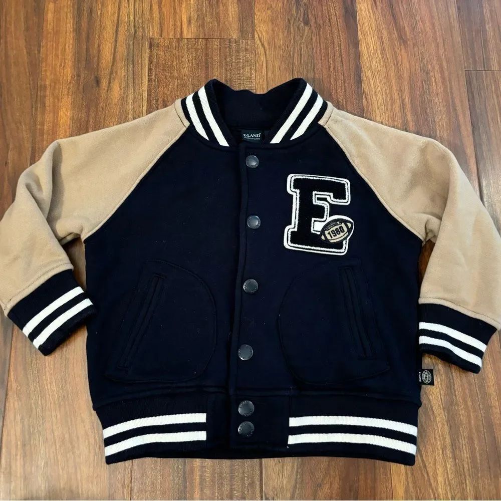 E Land navy/tan bomber varsity football jacket